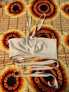 For Love & Lemons Knit Wrap Tie Crop Top Womens XL Cream Ribbed Sweater